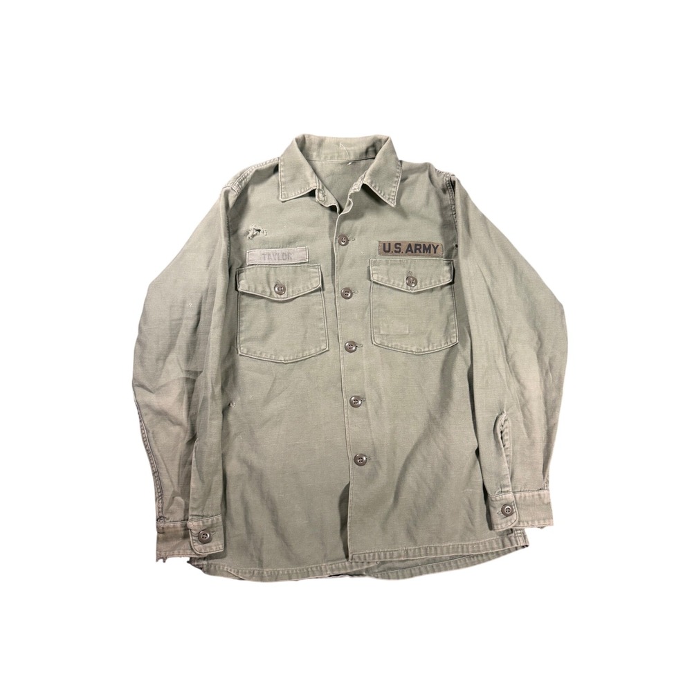 Vintage 1968 OG-107 US Army Cotton Sateen Utility Shirt Foster Industries Green